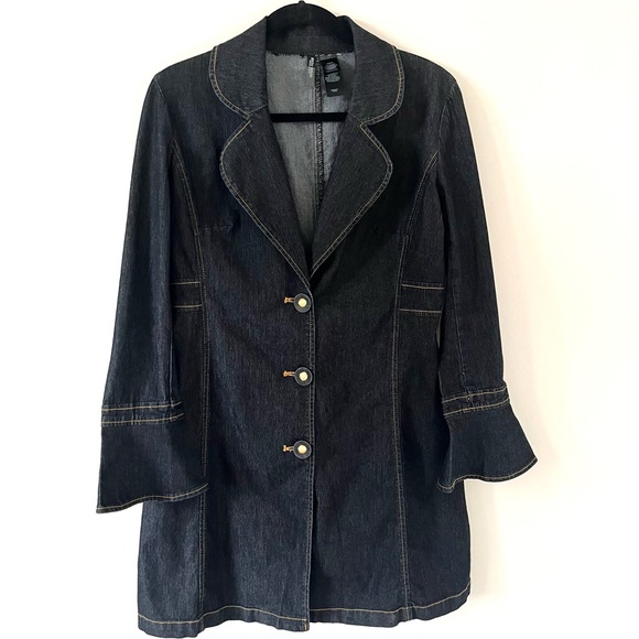 Bisou Bisou Dark Blue Denim Trench Coat Jean Jacket Contrast Stitch Button Small - Picture 2 of 13
